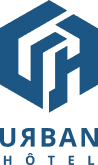 Logo de l'Urban Hôtel composé d'un hexagone bleu avec une forme géométrique stylisée et le texte "URBAN HÔTEL" en dessous