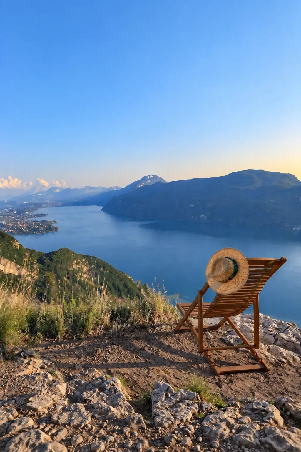 Une chaise longue avec un chapeau posée sur un promontoire rocheux face à un lac encadré de montagnes