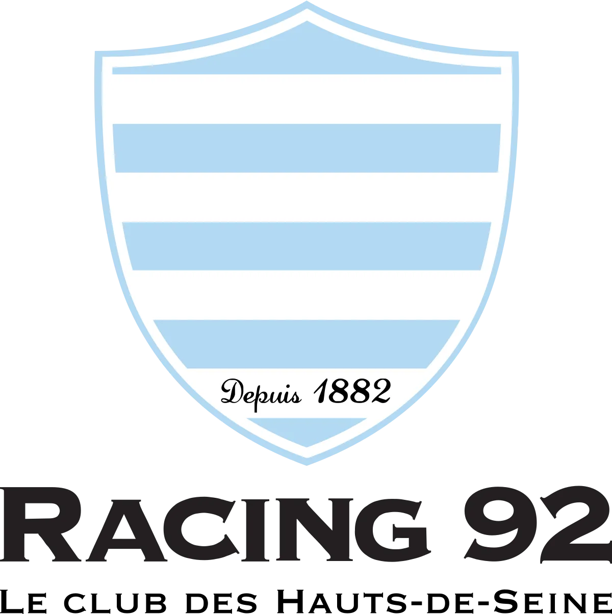 Logo de Racing 92 avec un bouclier à rayures bleues et blanches et l'inscription "Depuis 1882" ainsi que "Le club des Hauts-de-Seine"