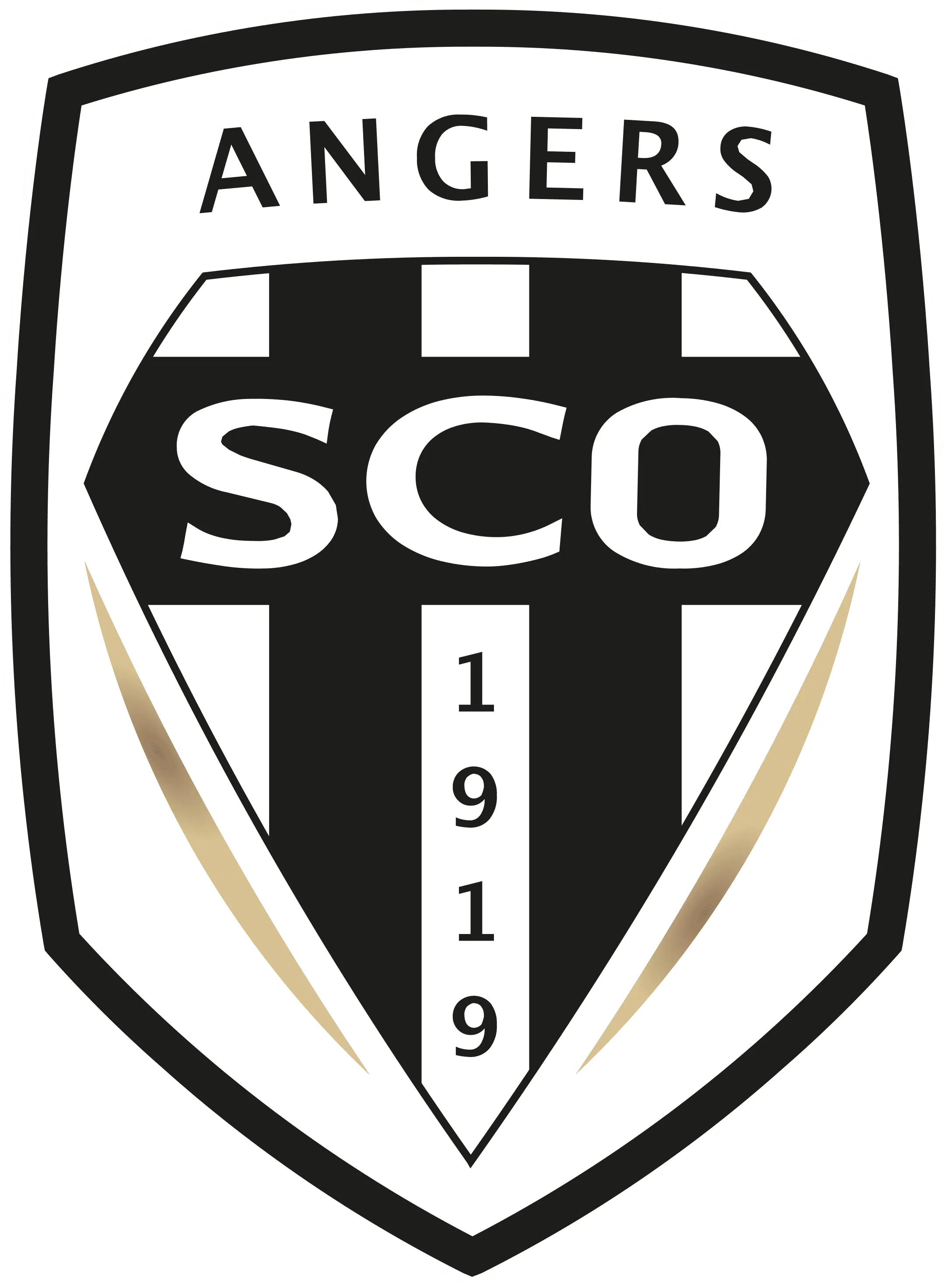 Blason noir et blanc avec les lettres "SCO" et le chiffre "1919" au centre, surmonté du mot "ANGERS"