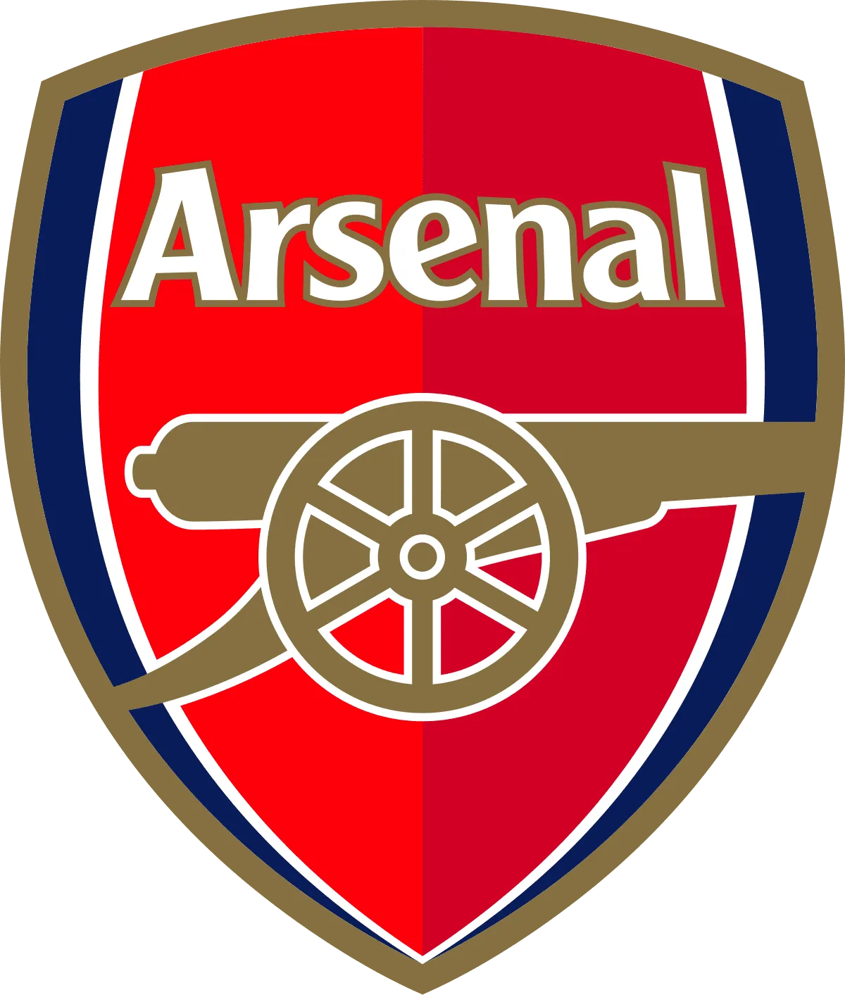 Logo de l'équipe de football Arsenal, représentant un canon avec une roue et le nom du club sur fond rouge et bordures bleues