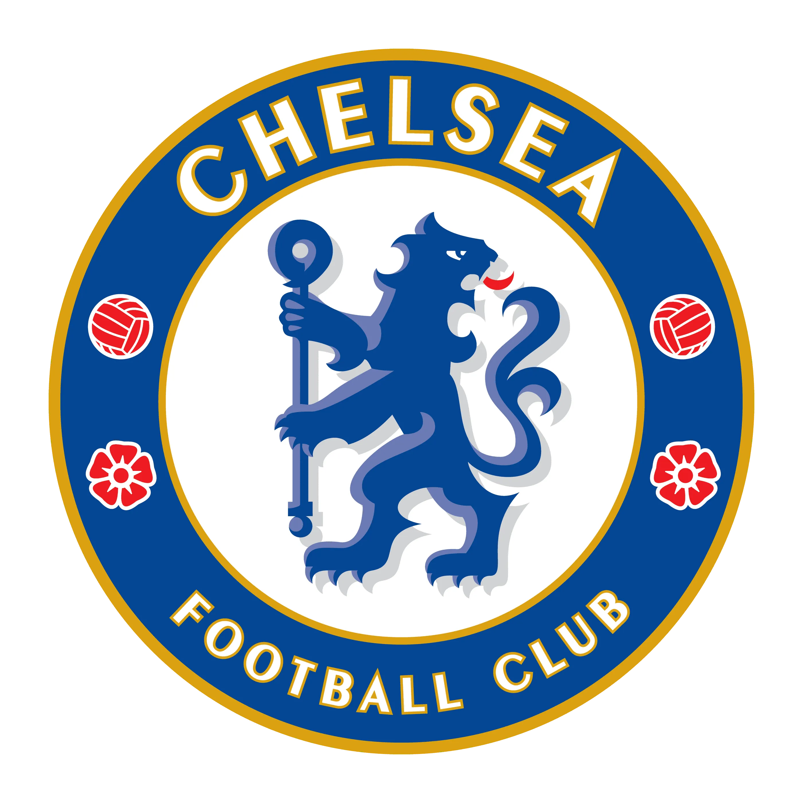 Logo du Chelsea Football Club avec un lion tenant un bâton, entouré de ballons et de roses