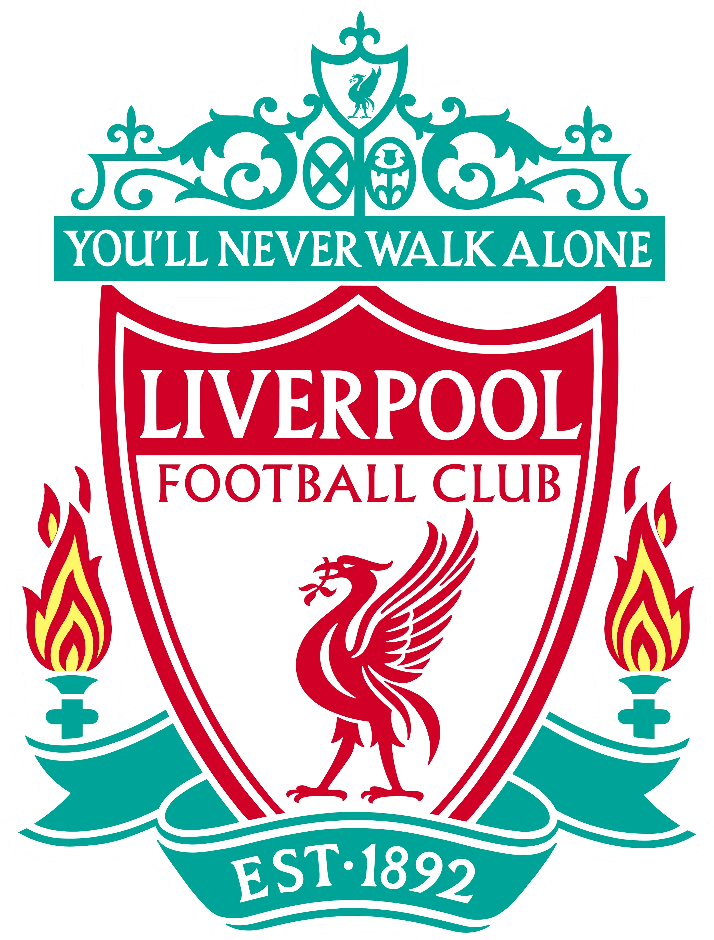 Logo du Liverpool Football Club avec un écusson rouge et blanc, une bannière verte indiquant "You'll Never Walk Alone" et "EST. 1892", et un coq stylisé au centre