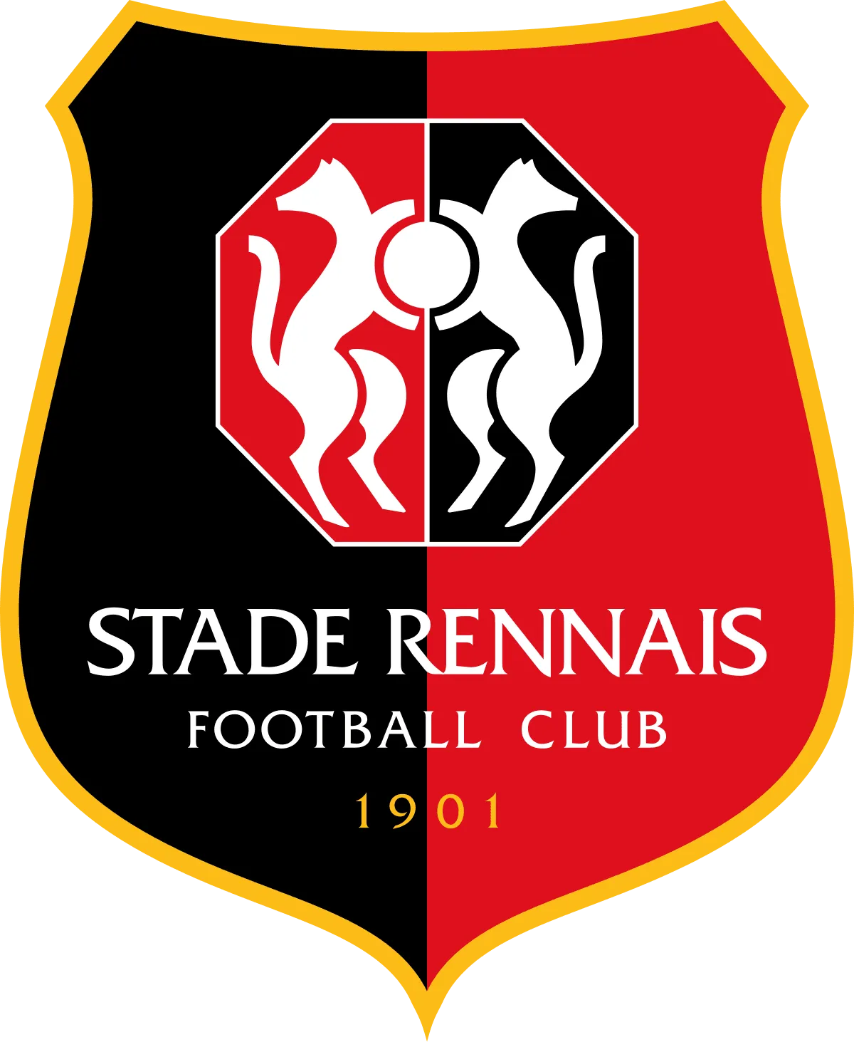 Logo du Stade Rennais Football Club avec deux chevaux stylisés sur fond rouge et noir, entouré d'une bordure dorée