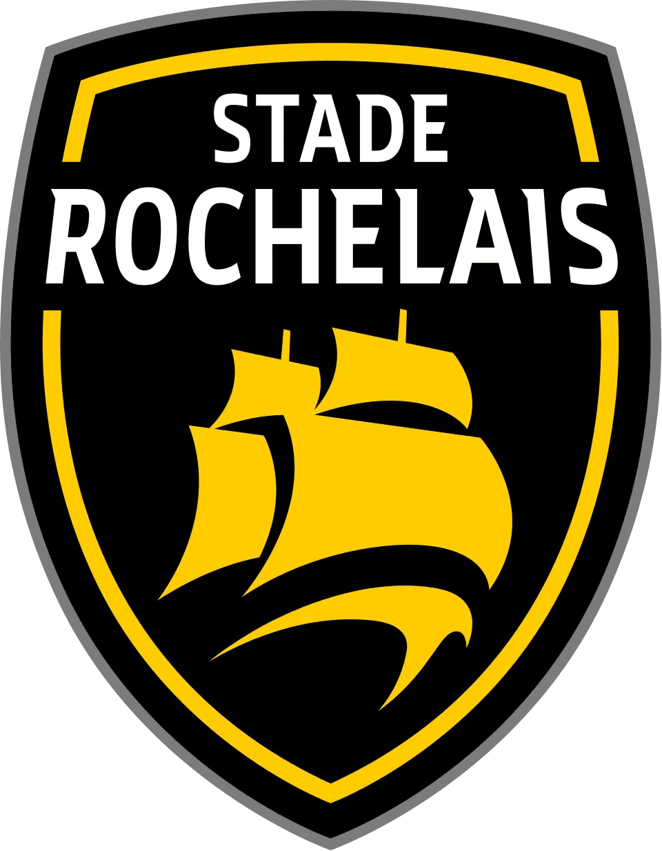 Logo du Stade Rochelais représentant un navire à voiles avec les mots "Stade Rochelais" en blanc sur fond noir et jaune