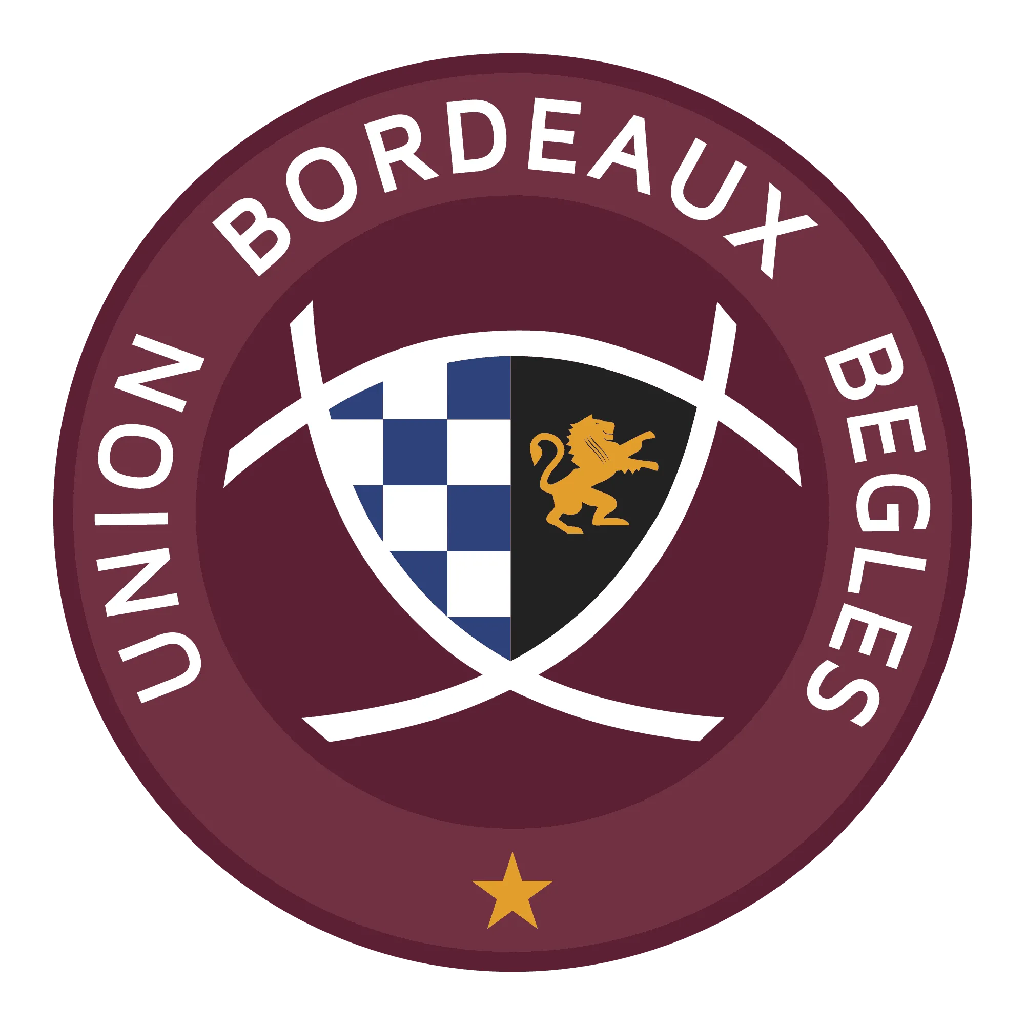 Logo de l'Union Bordeaux Bègles avec un bouclier central divisé en deux parties, l'une bleue et blanche et l'autre verte avec un lion doré
