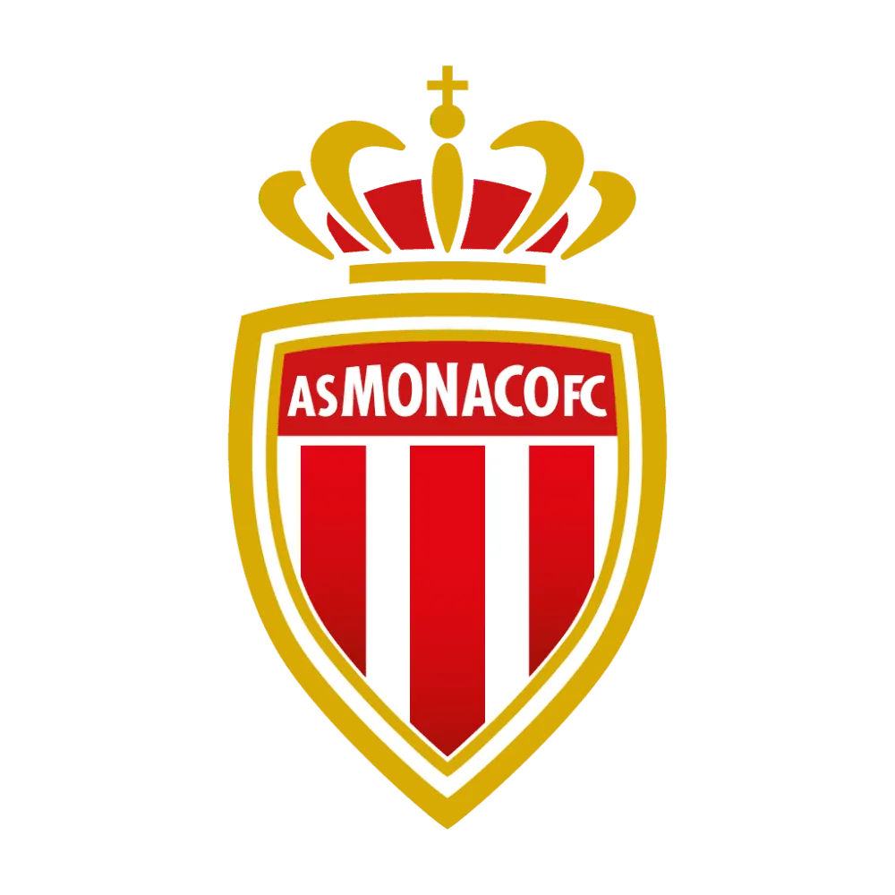 Blason doré avec une couronne et l'inscription "ASMONACOFC" sur fond rouge et blanc