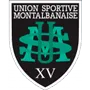 Logo de l'Union Sportive Montalbanaise avec un bouclier noir, des lettres vertes et le chiffre XV en blanc