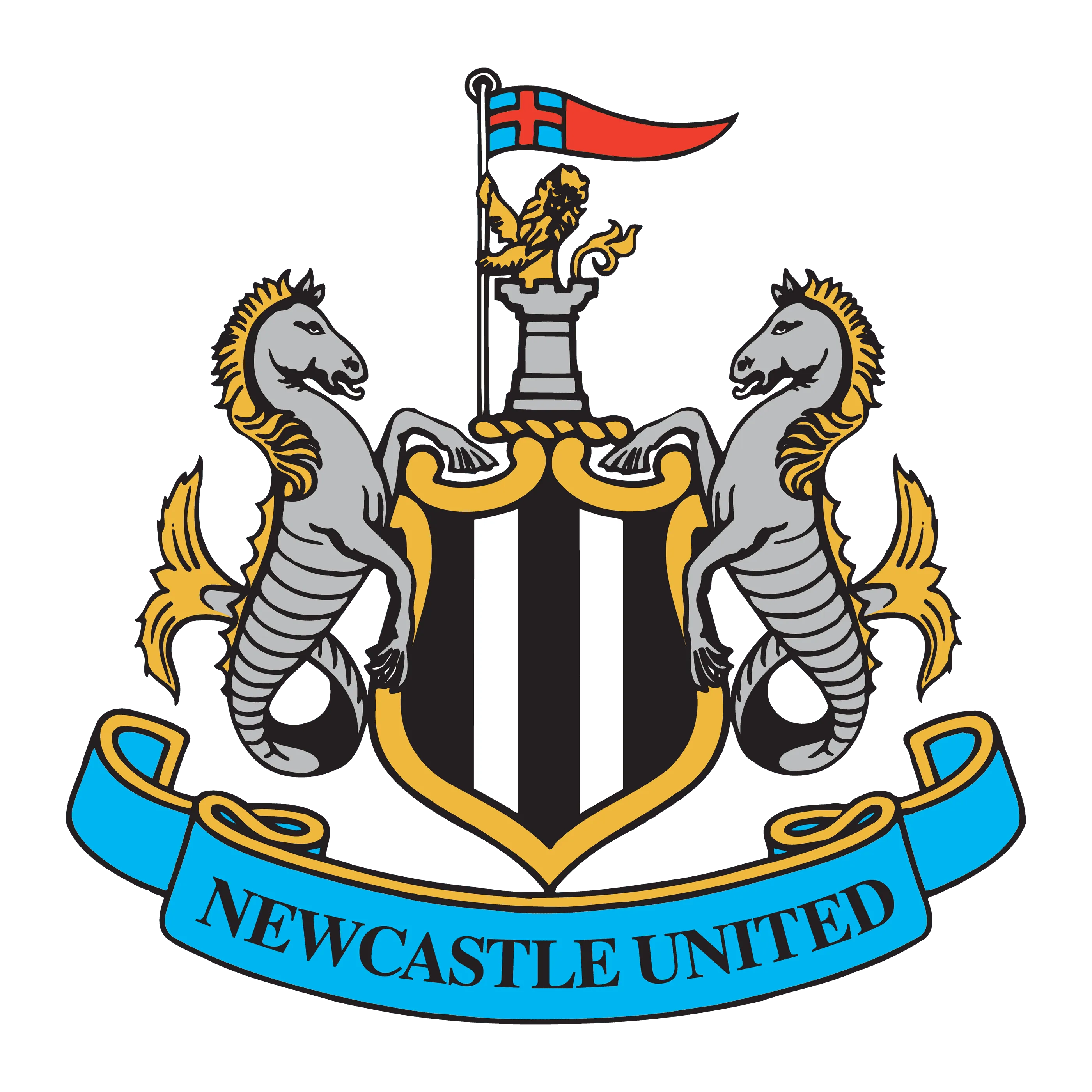 Blason de Newcastle United avec deux chevaux et un lion sur un bouclier, surmonté d'une bannière et d'un drapeau