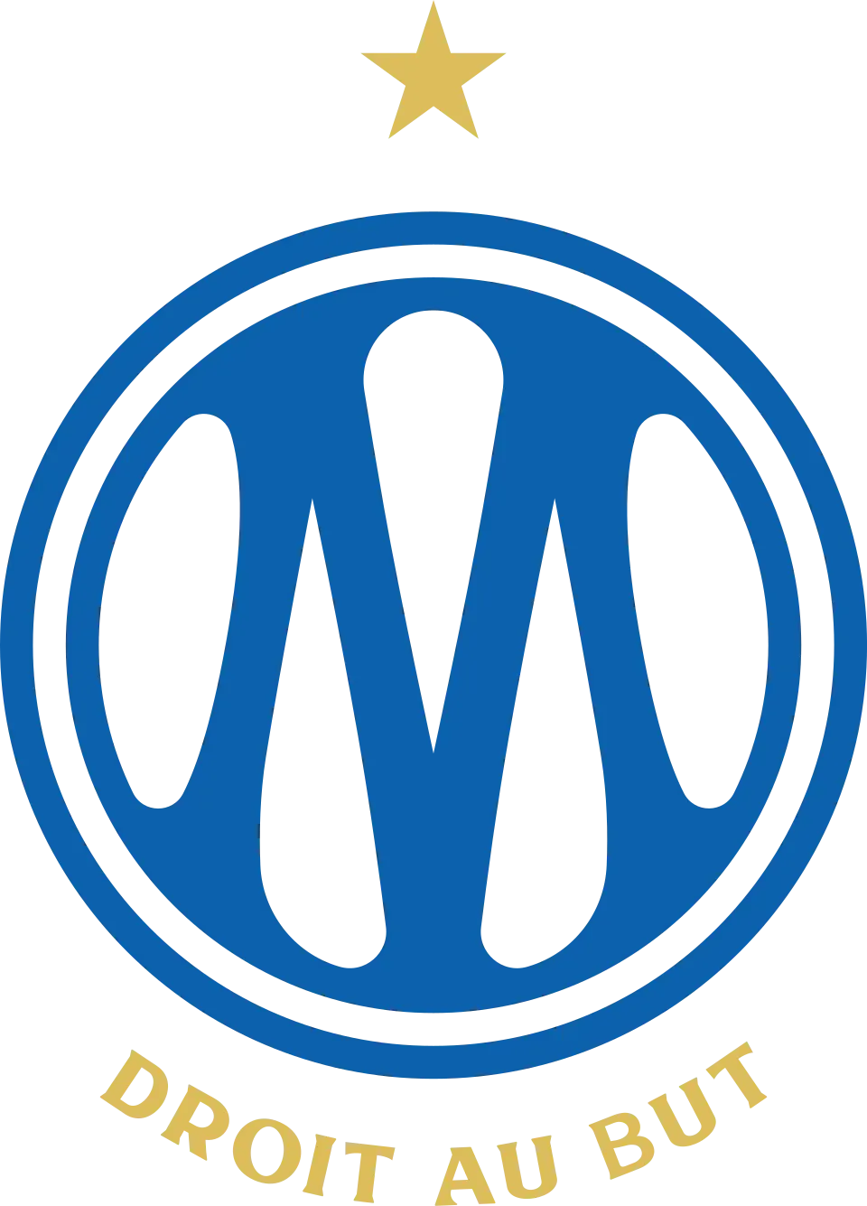 Logo circulaire bleu avec un grand M au centre, surmonté d'une étoile dorée et accompagné de l'inscription "DROIT AU BUT" en bas