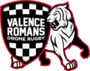 Logo des Valence Romans Drome Rugby avec un bulldog stylisé en noir et rouge