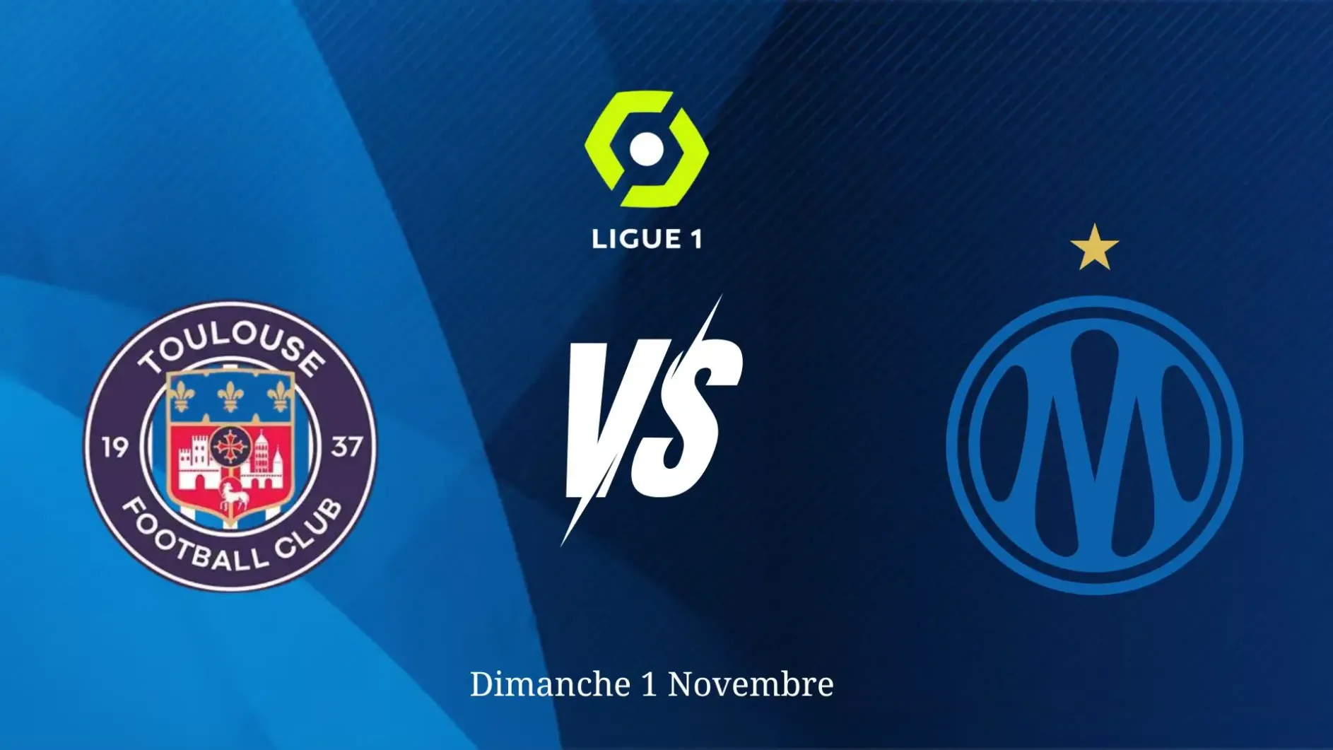 Logo du Toulouse Football Club à gauche, logo de l'Inter Milan à droite, séparés par un "VS" et le logo de la Ligue 1, avec la mention "Dimanche 1 Novembre" en bas