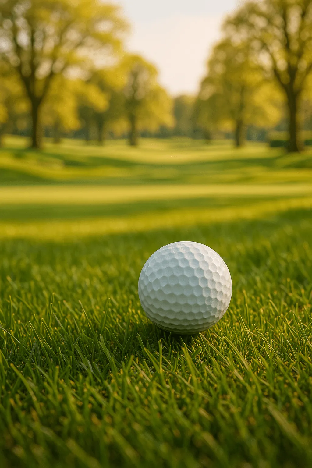 Balle de golf posée sur un tee dans un parc avec des arbres en arrière-plan